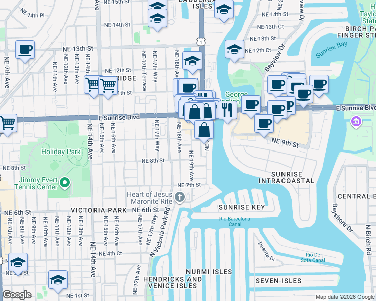 map of restaurants, bars, coffee shops, grocery stores, and more near 809 Northeast 19th Avenue in Fort Lauderdale