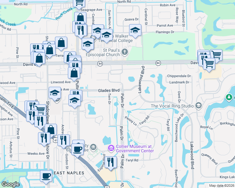 map of restaurants, bars, coffee shops, grocery stores, and more near 372 Palm Drive in Naples