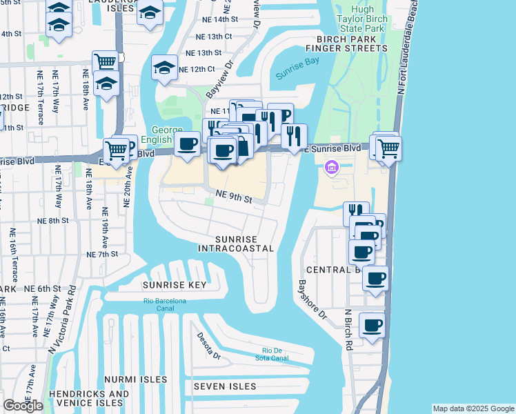 map of restaurants, bars, coffee shops, grocery stores, and more near 2540 Northeast 9th Street in Fort Lauderdale