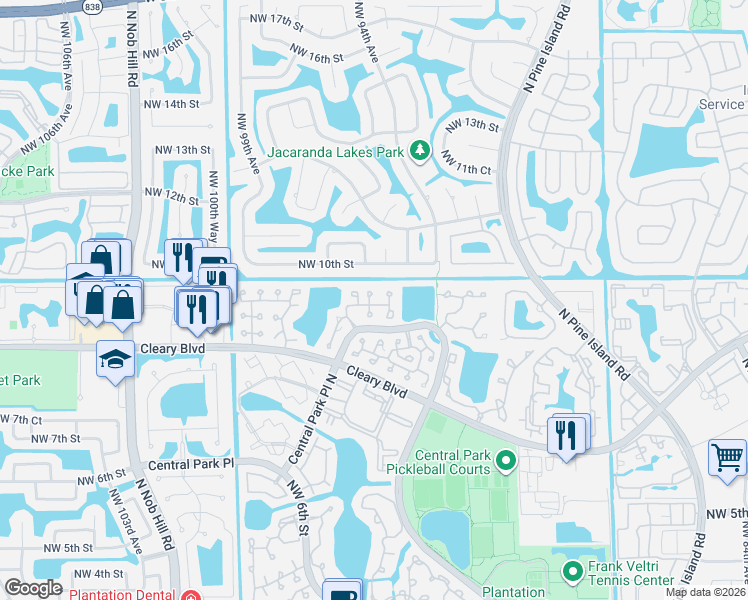 map of restaurants, bars, coffee shops, grocery stores, and more near 9549 Northwest 9th Court in Plantation