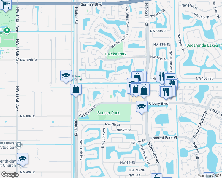 map of restaurants, bars, coffee shops, grocery stores, and more near 10749 Cleary Boulevard in Plantation