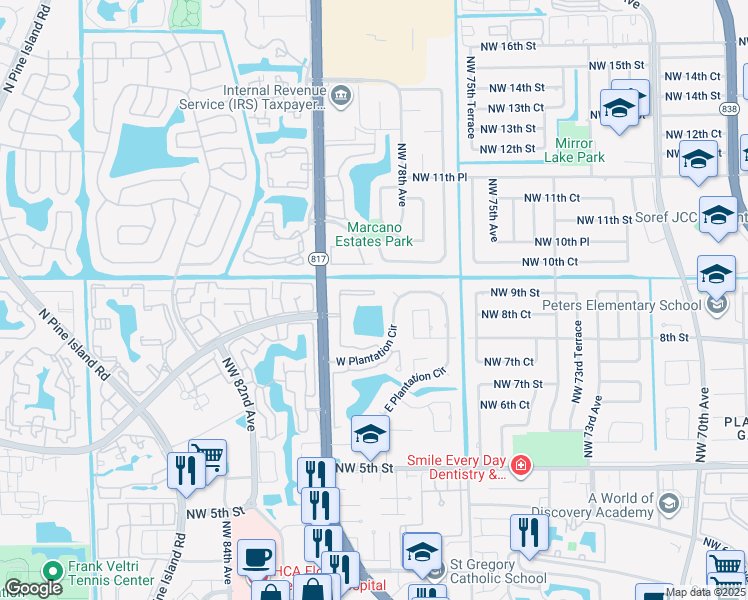 map of restaurants, bars, coffee shops, grocery stores, and more near 966 Northwest 79th Terrace in Plantation