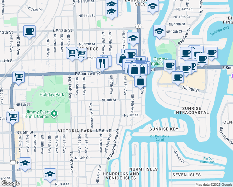 map of restaurants, bars, coffee shops, grocery stores, and more near 812 North Victoria Park Road in Fort Lauderdale
