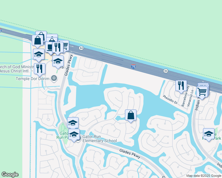 map of restaurants, bars, coffee shops, grocery stores, and more near 1367 Meadows Boulevard in Weston