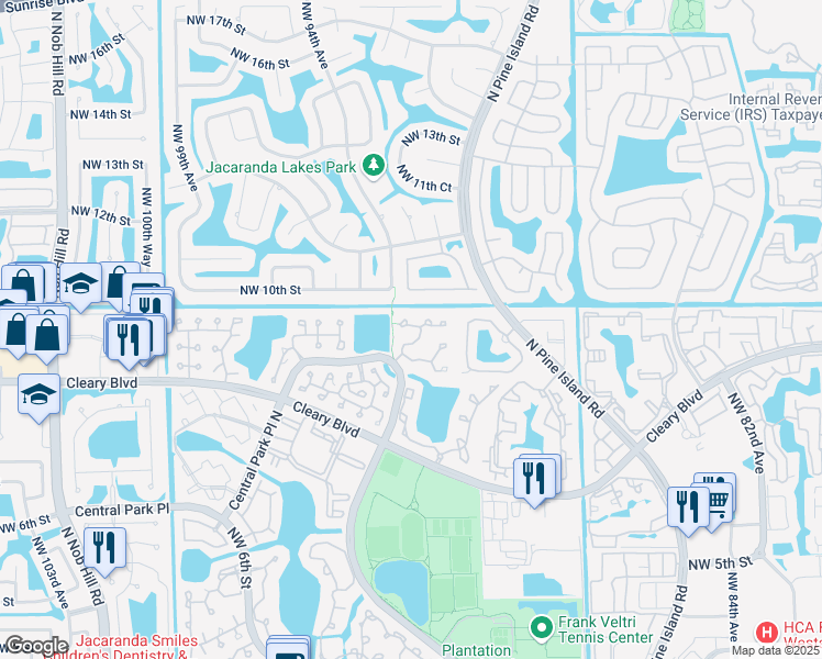 map of restaurants, bars, coffee shops, grocery stores, and more near 988 Northwest 93rd Avenue in Plantation