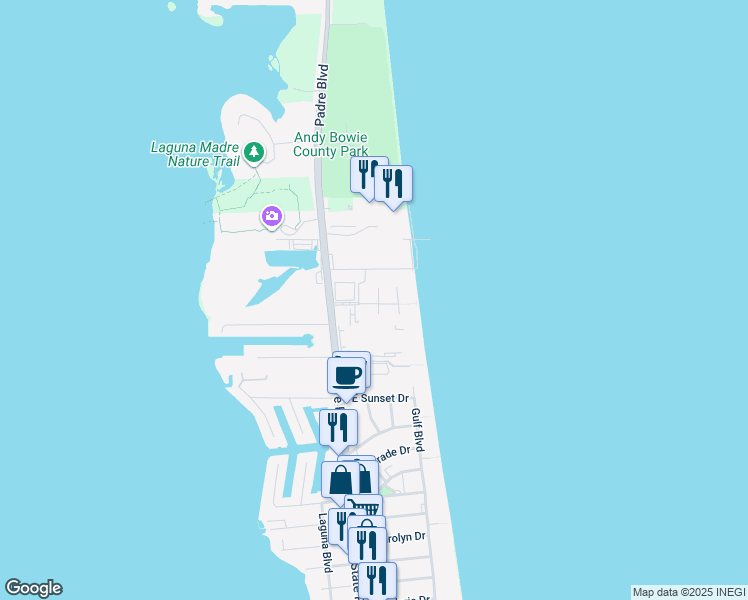 map of restaurants, bars, coffee shops, grocery stores, and more near 6501 Fountain Way in South Padre Island