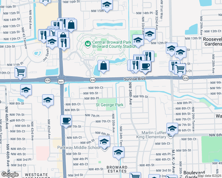 map of restaurants, bars, coffee shops, grocery stores, and more near 921 Northwest 35th Terrace in Fort Lauderdale