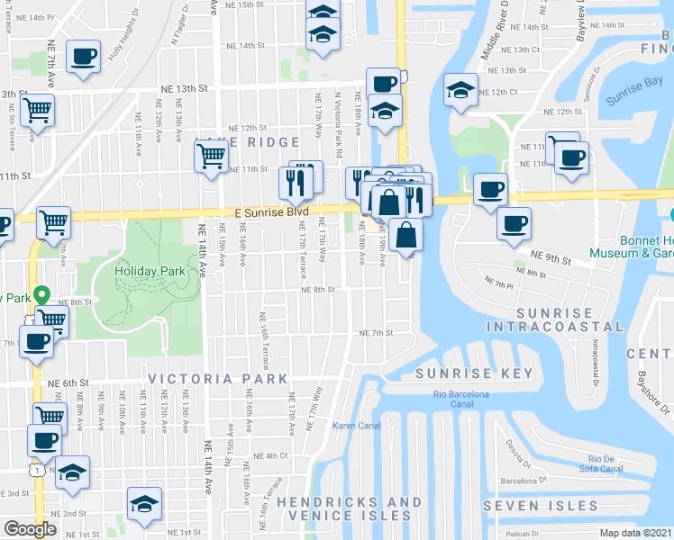 map of restaurants, bars, coffee shops, grocery stores, and more near 812 North Victoria Park Road in Fort Lauderdale