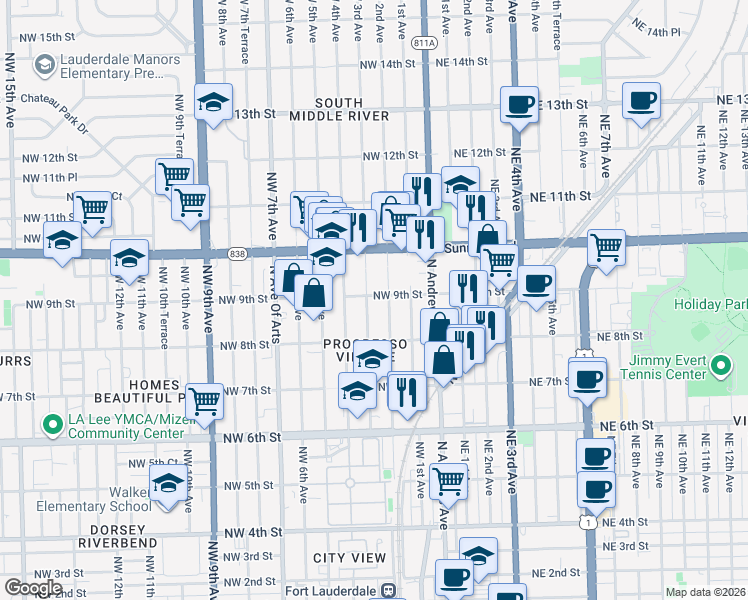 map of restaurants, bars, coffee shops, grocery stores, and more near 836 Northwest 3rd Avenue in Fort Lauderdale