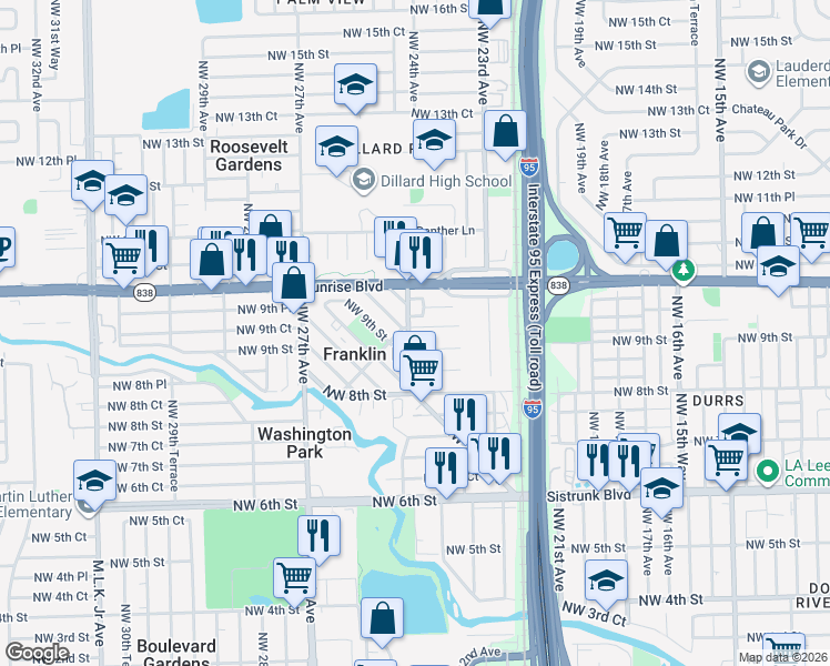 map of restaurants, bars, coffee shops, grocery stores, and more near 2305 Northwest 9th Street in Fort Lauderdale