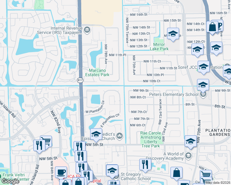 map of restaurants, bars, coffee shops, grocery stores, and more near 831 East Plantation Circle in Plantation