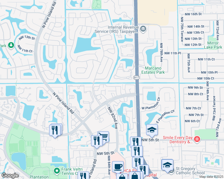 map of restaurants, bars, coffee shops, grocery stores, and more near 8186 Northwest 8th Place in Plantation