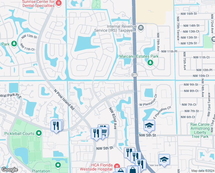 map of restaurants, bars, coffee shops, grocery stores, and more near 8186 Northwest 8th Place in Plantation