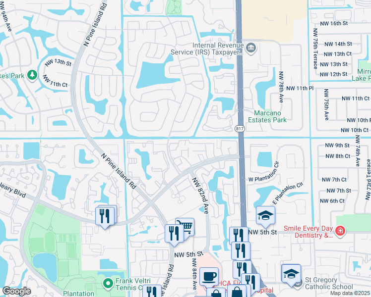 map of restaurants, bars, coffee shops, grocery stores, and more near 8218 Northwest 9th Street in Plantation