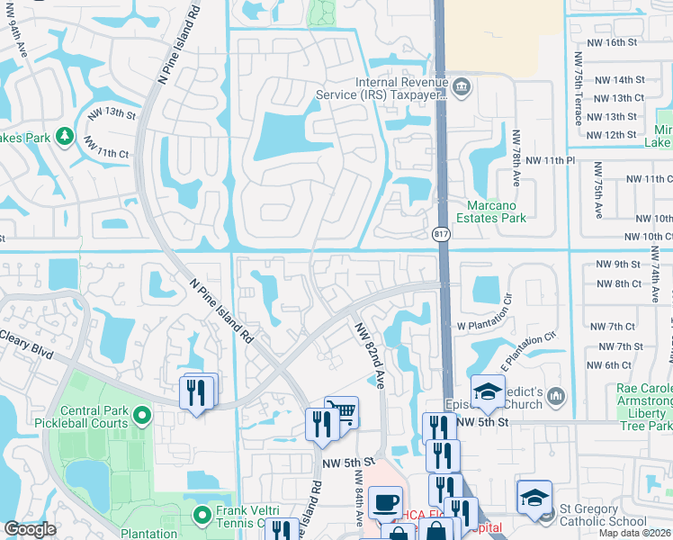 map of restaurants, bars, coffee shops, grocery stores, and more near 8218 Northwest 9th Street in Plantation