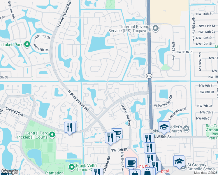 map of restaurants, bars, coffee shops, grocery stores, and more near 891 Northwest 85th Terrace in Plantation