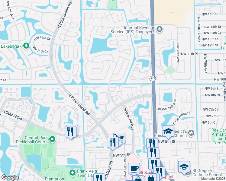 map of restaurants, bars, coffee shops, grocery stores, and more near 8218 Northwest 9th Street in Plantation