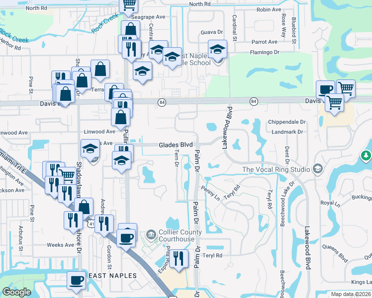 map of restaurants, bars, coffee shops, grocery stores, and more near 78 Glades Boulevard in Naples