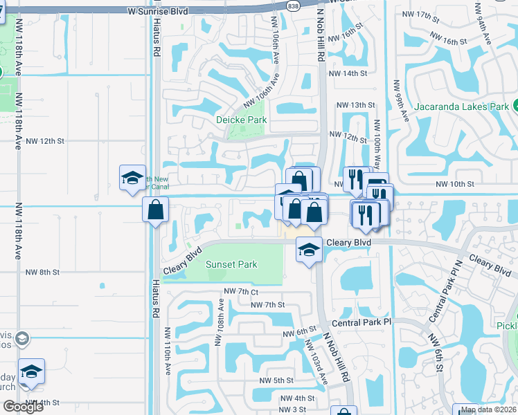 map of restaurants, bars, coffee shops, grocery stores, and more near 10717 Cleary Boulevard in Plantation