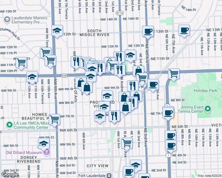 map of restaurants, bars, coffee shops, grocery stores, and more near 836 Northwest 3rd Avenue in Fort Lauderdale