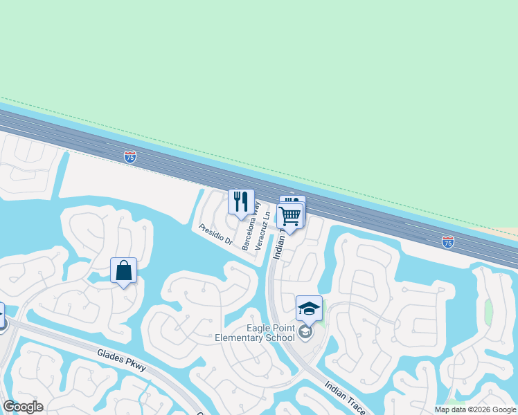 map of restaurants, bars, coffee shops, grocery stores, and more near 1594 Barcelona Way in Weston