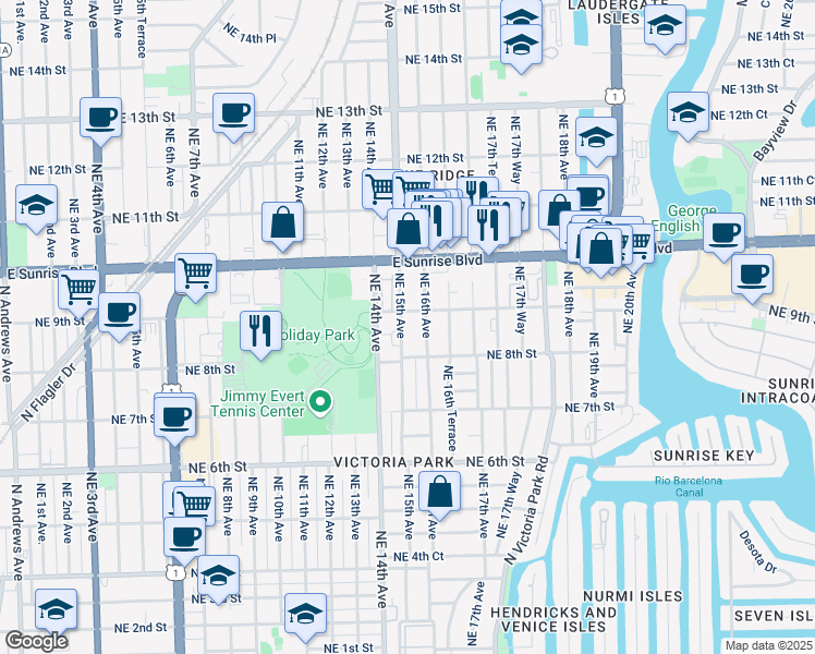 map of restaurants, bars, coffee shops, grocery stores, and more near 816 Northeast 15th Avenue in Fort Lauderdale