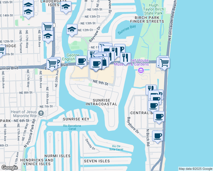 map of restaurants, bars, coffee shops, grocery stores, and more near 2525 Northeast 8th Street in Fort Lauderdale