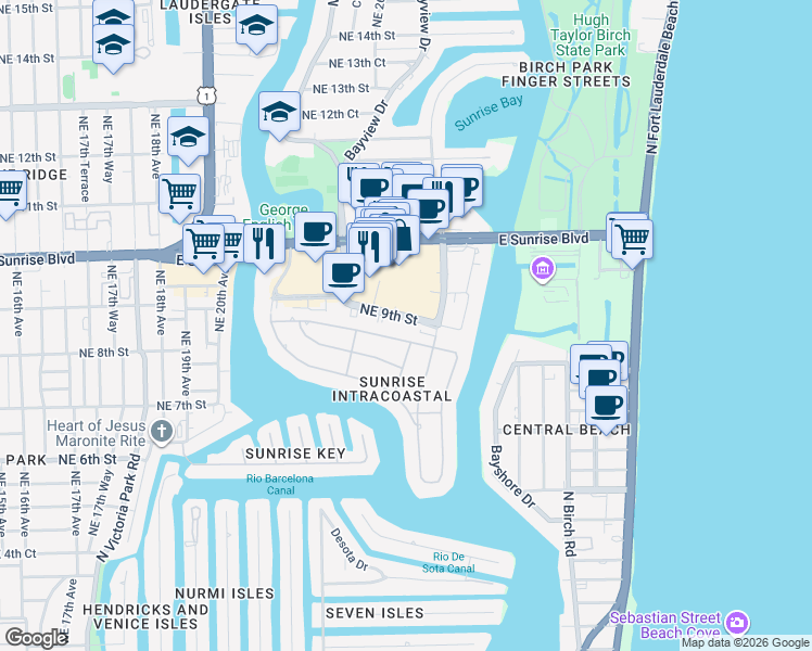 map of restaurants, bars, coffee shops, grocery stores, and more near 2525 Northeast 8th Street in Fort Lauderdale