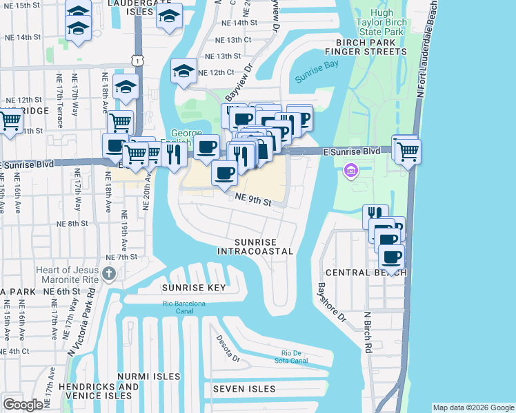 map of restaurants, bars, coffee shops, grocery stores, and more near 2525 Northeast 8th Street in Fort Lauderdale
