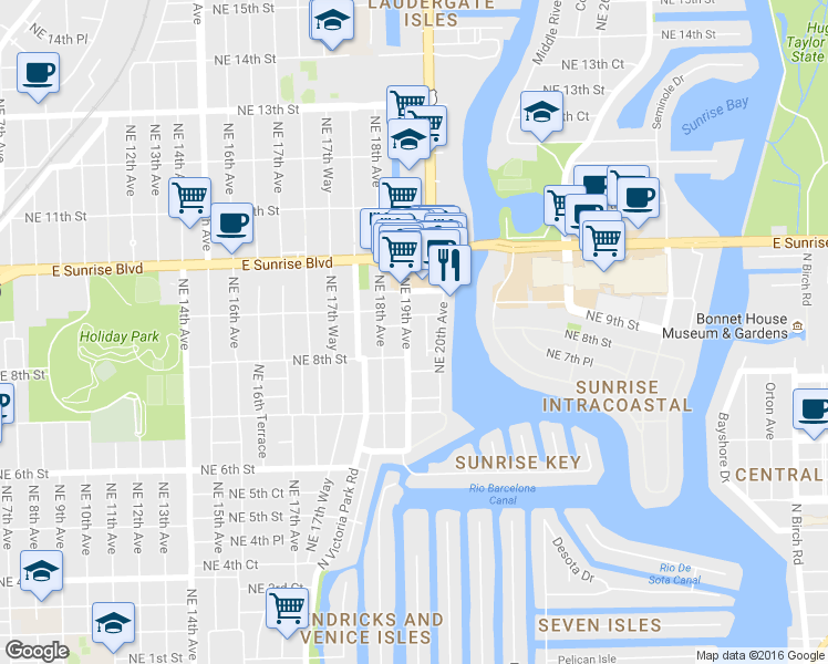 map of restaurants, bars, coffee shops, grocery stores, and more near 809 Northeast 19th Avenue in Fort Lauderdale