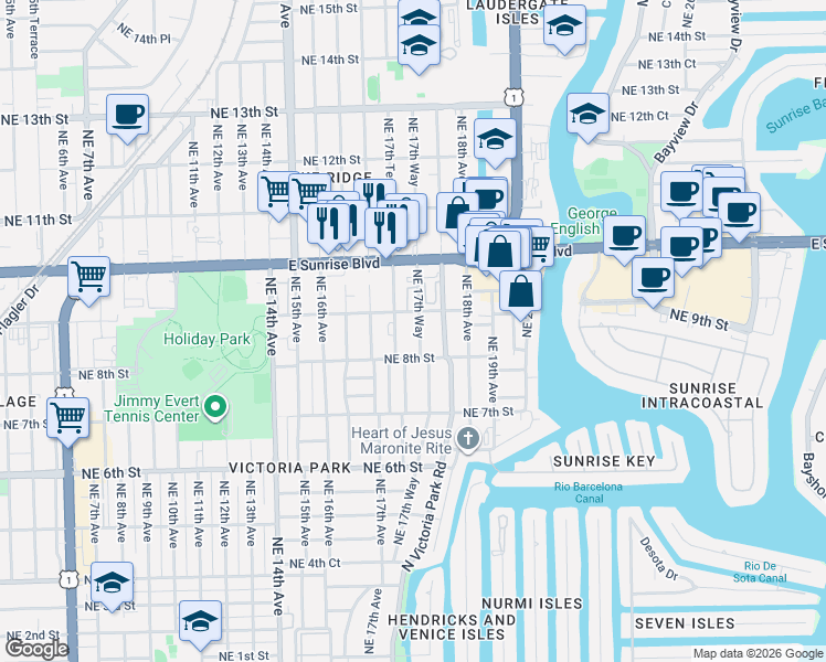 map of restaurants, bars, coffee shops, grocery stores, and more near 815 Northeast 17th Way in Fort Lauderdale
