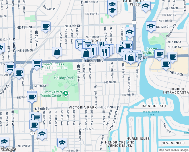 map of restaurants, bars, coffee shops, grocery stores, and more near 817 Northeast 16th Terrace in Fort Lauderdale