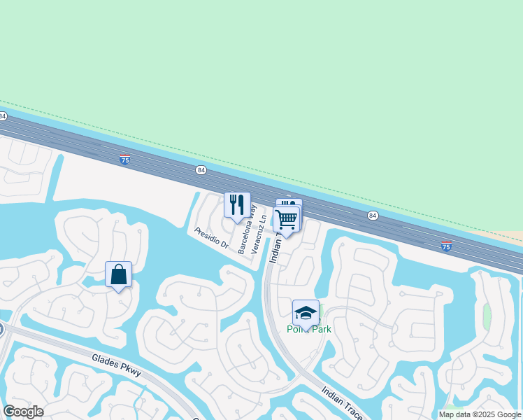 map of restaurants, bars, coffee shops, grocery stores, and more near 1582 Veracruz Lane in Weston