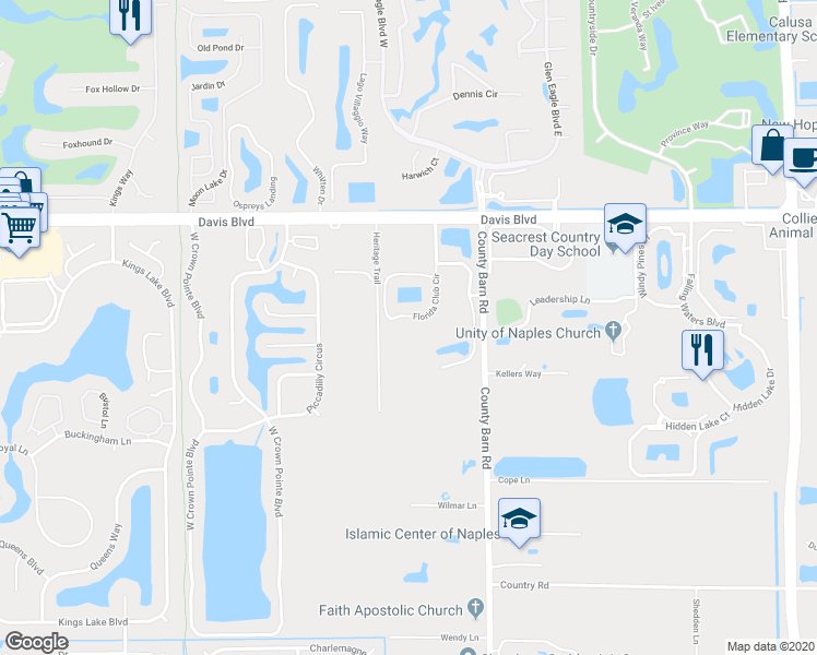 map of restaurants, bars, coffee shops, grocery stores, and more near 1835 Florida Club Circle in Naples