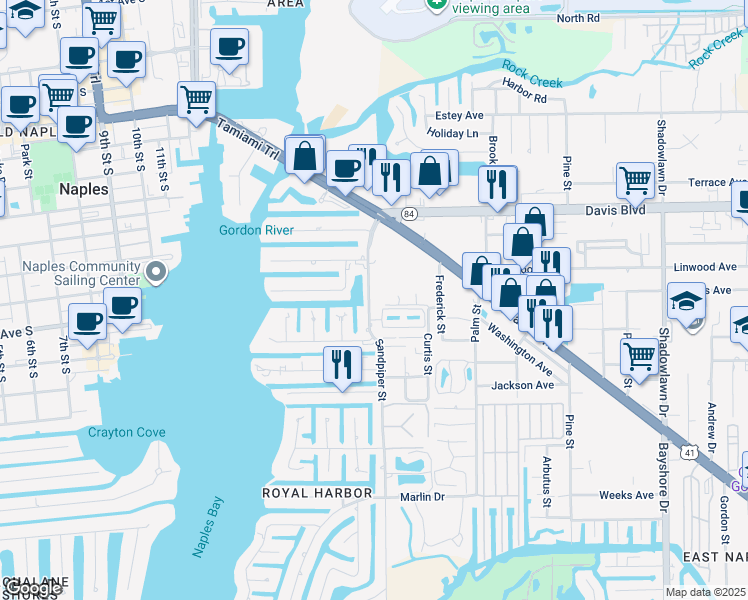 map of restaurants, bars, coffee shops, grocery stores, and more near 1105 Sandpiper Street in Naples