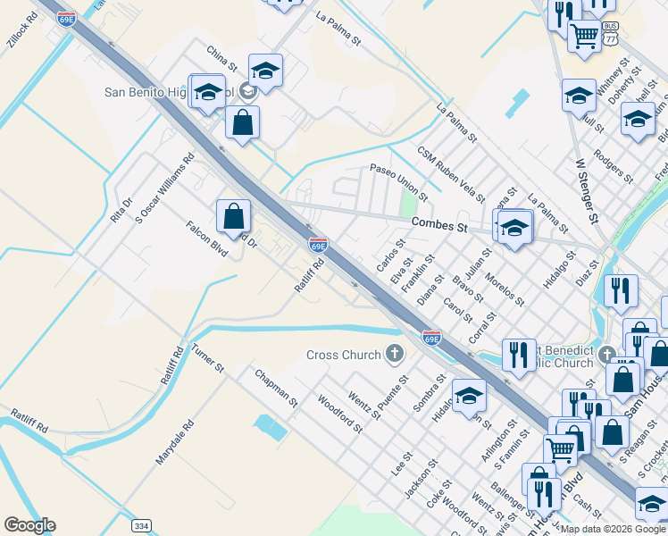 map of restaurants, bars, coffee shops, grocery stores, and more near West Expressway 83 in San Benito