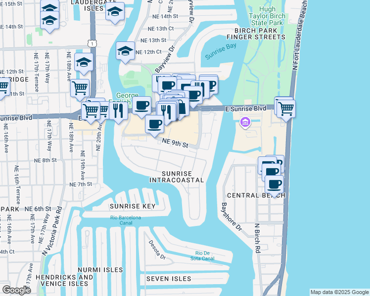 map of restaurants, bars, coffee shops, grocery stores, and more near 2525 Northeast 8th Street in Fort Lauderdale