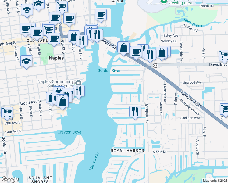 map of restaurants, bars, coffee shops, grocery stores, and more near 1340 Pelican Avenue in Naples
