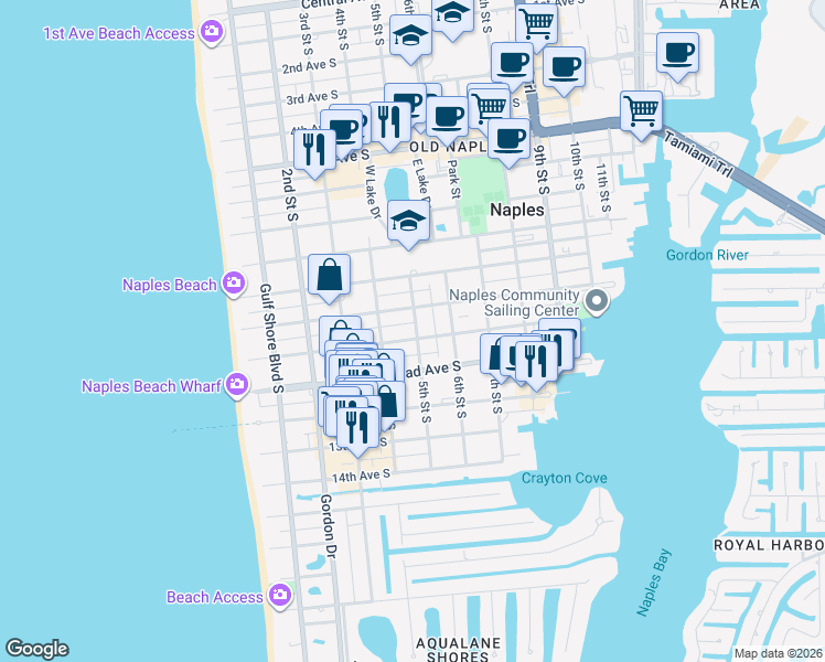 map of restaurants, bars, coffee shops, grocery stores, and more near 1120 5th Street South in Naples