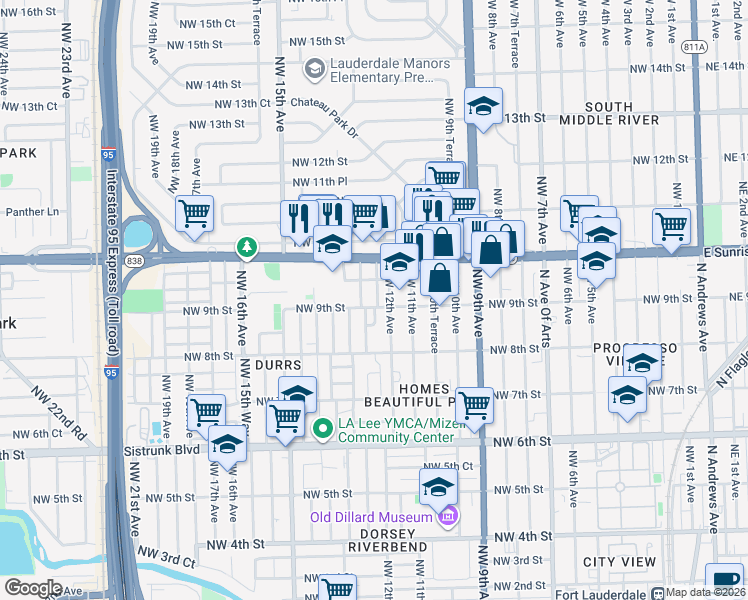 map of restaurants, bars, coffee shops, grocery stores, and more near 907 Northwest 12th Terrace in Fort Lauderdale