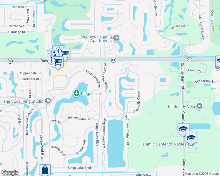map of restaurants, bars, coffee shops, grocery stores, and more near 2050 West Crown Pointe Boulevard in Naples