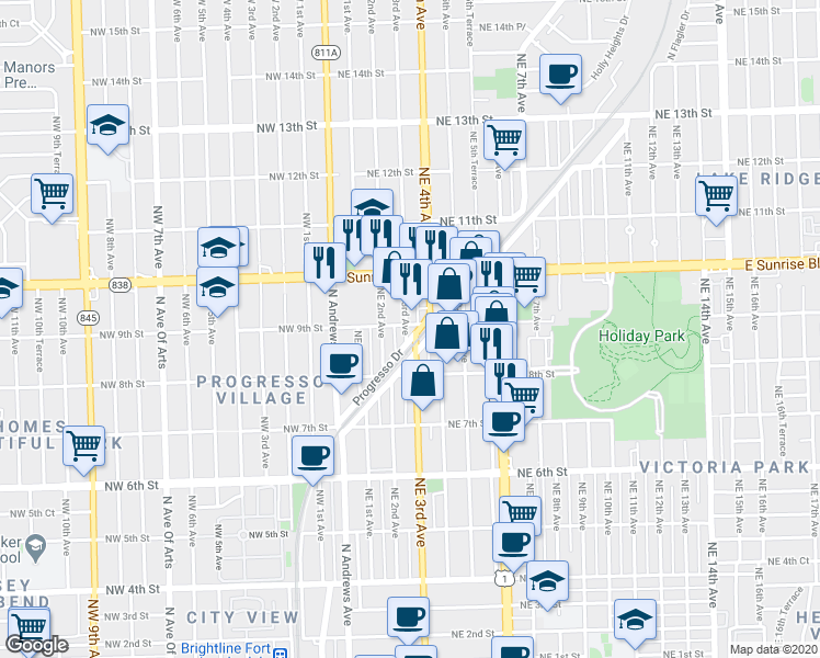 map of restaurants, bars, coffee shops, grocery stores, and more near 833 Northeast 4th Avenue in Fort Lauderdale