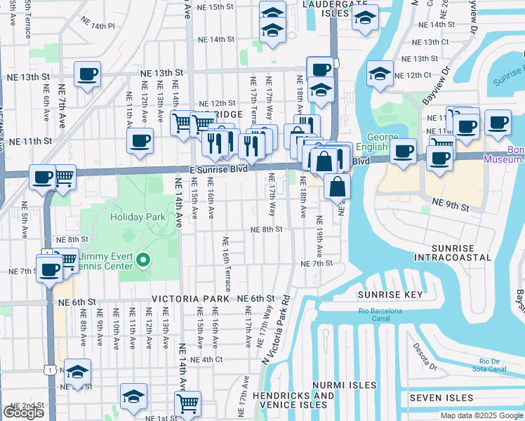 map of restaurants, bars, coffee shops, grocery stores, and more near 815 Northeast 17th Way in Fort Lauderdale