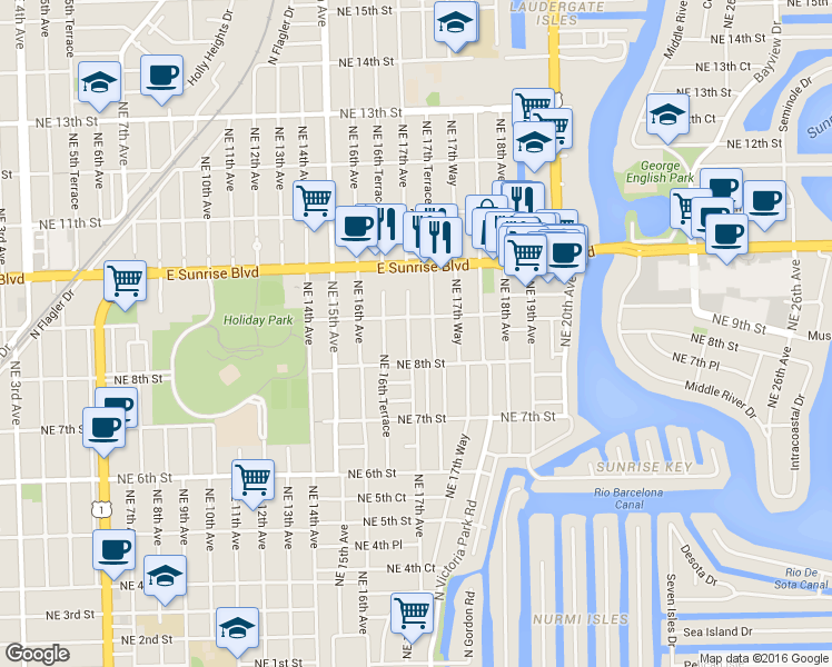 map of restaurants, bars, coffee shops, grocery stores, and more near 814 Northeast 17th Avenue in Fort Lauderdale