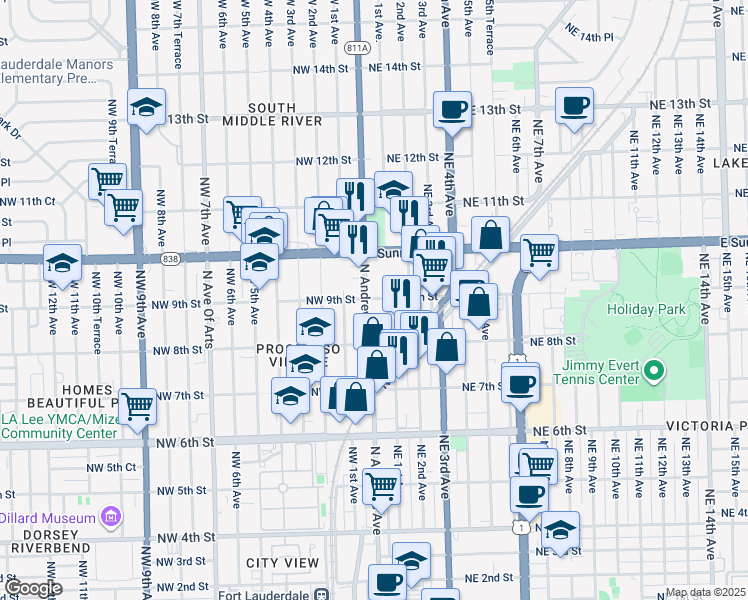 map of restaurants, bars, coffee shops, grocery stores, and more near 829 Northeast 1st Avenue in Fort Lauderdale