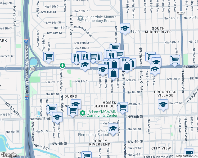 map of restaurants, bars, coffee shops, grocery stores, and more near 1270 Northwest 9th Street in Fort Lauderdale
