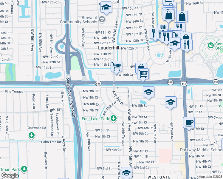 map of restaurants, bars, coffee shops, grocery stores, and more near 4852 Northwest 9th Drive in Plantation