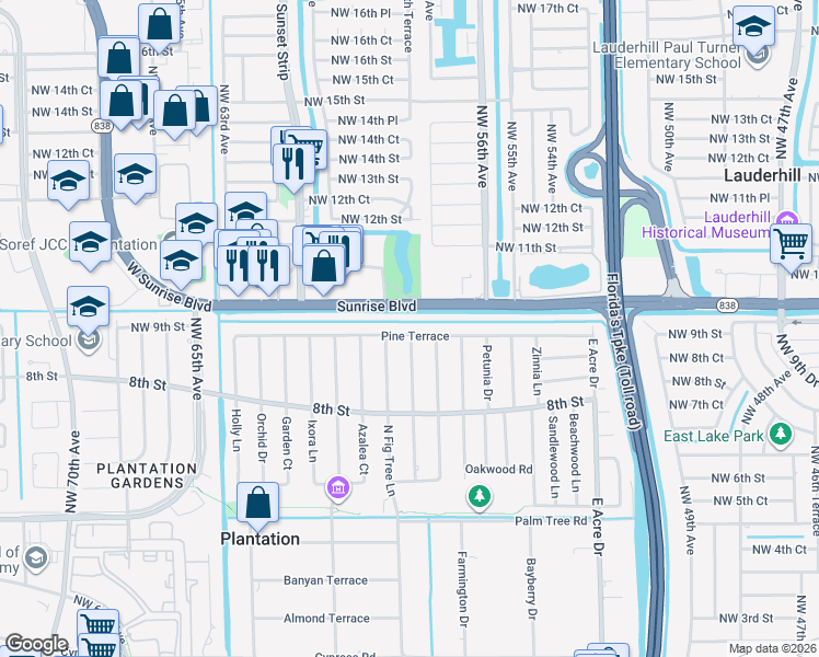 map of restaurants, bars, coffee shops, grocery stores, and more near 5800 Pine Terrace in Plantation