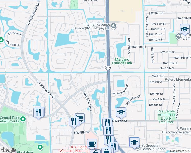 map of restaurants, bars, coffee shops, grocery stores, and more near 832 Northwest 81st Terrace in Plantation