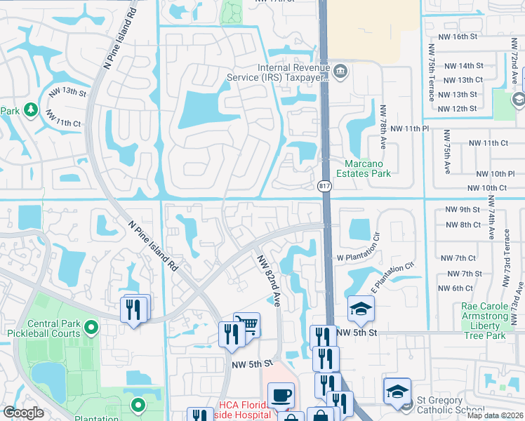 map of restaurants, bars, coffee shops, grocery stores, and more near 8186 Northwest 8th Place in Plantation
